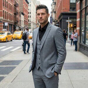 New 2026 Mens 3pc Sharkskin Mid Grey Suit Set, Slim Fit